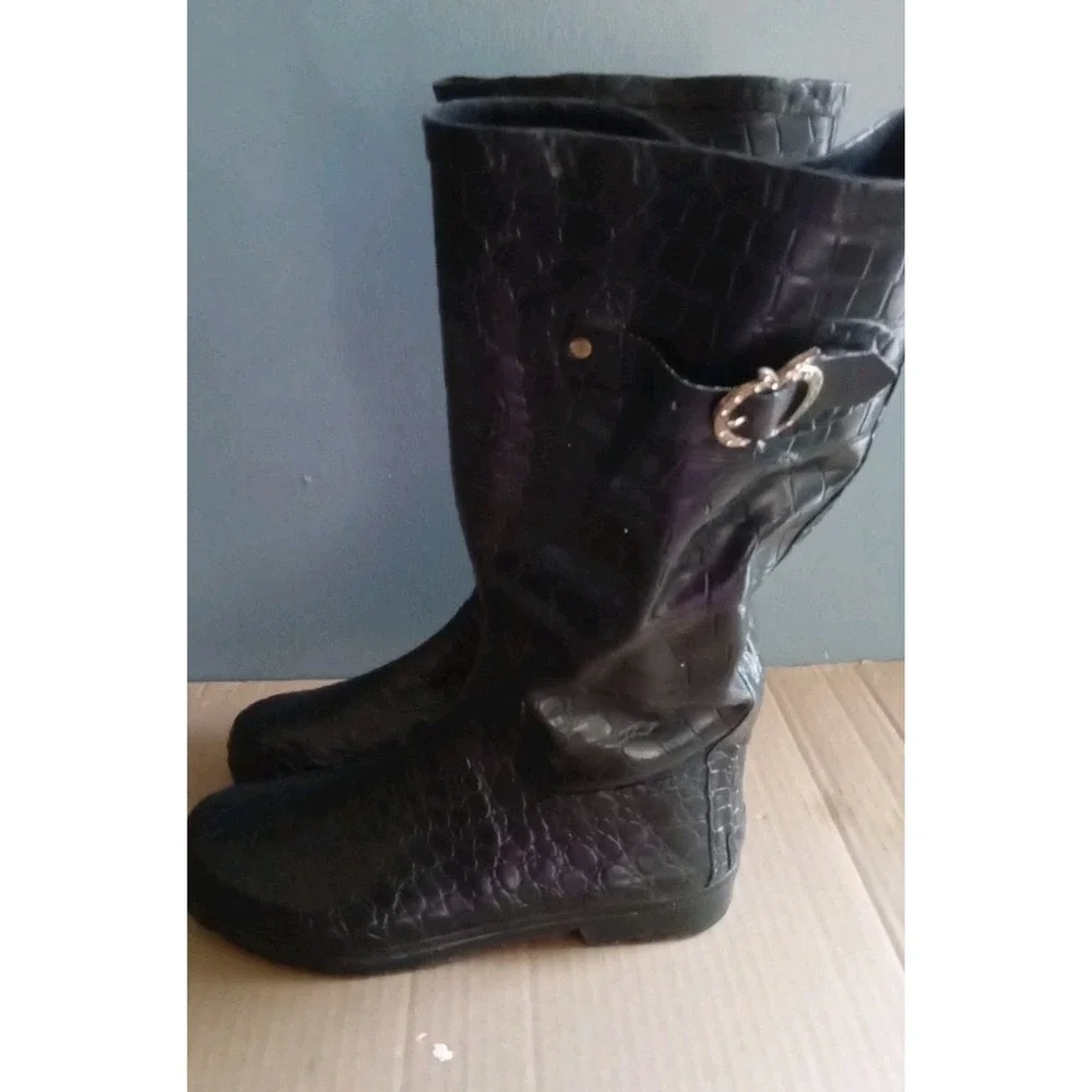 Black Croc‎ Embossed Rain Boots with Apple Charm Gold Buckle Accent